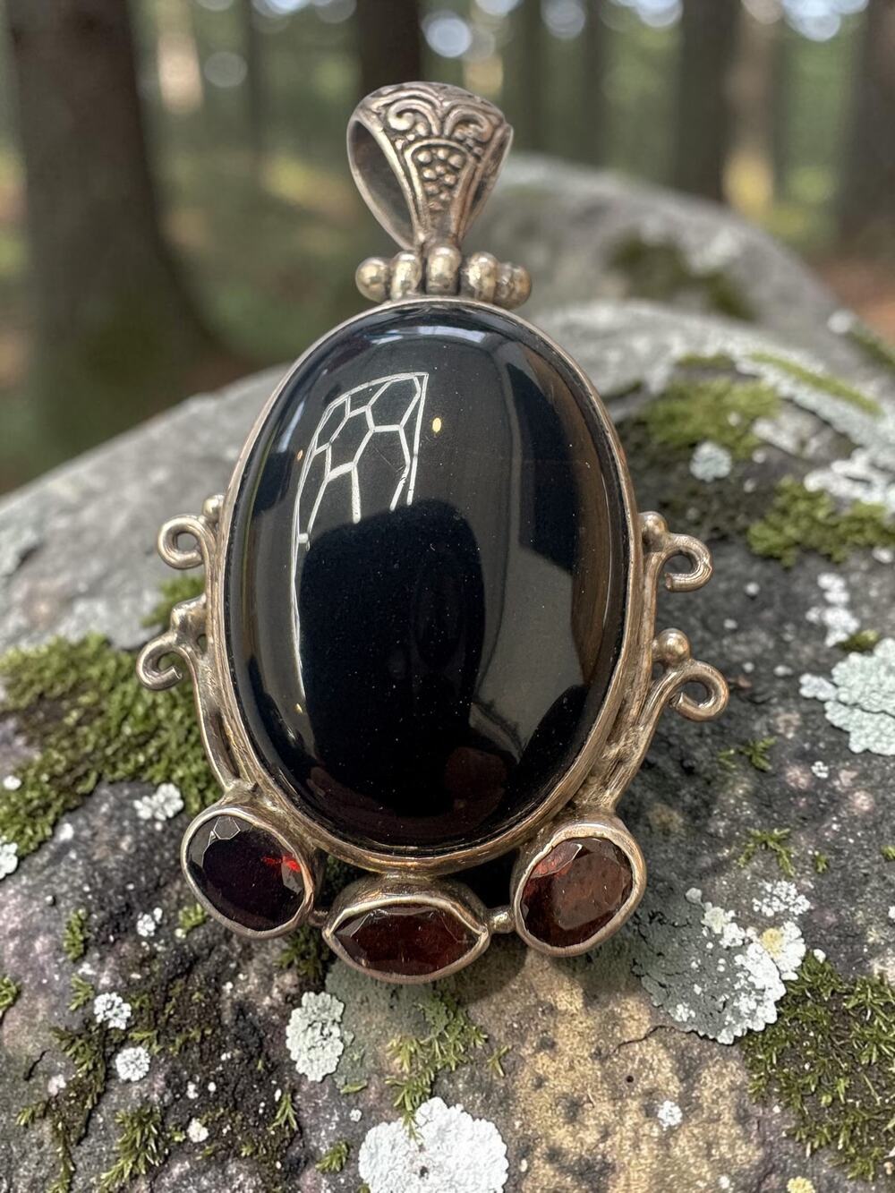 Vintage AF Sterling Silver Tigers Eye & Garnet Oval Cabochon Pendant Scroll Fram
